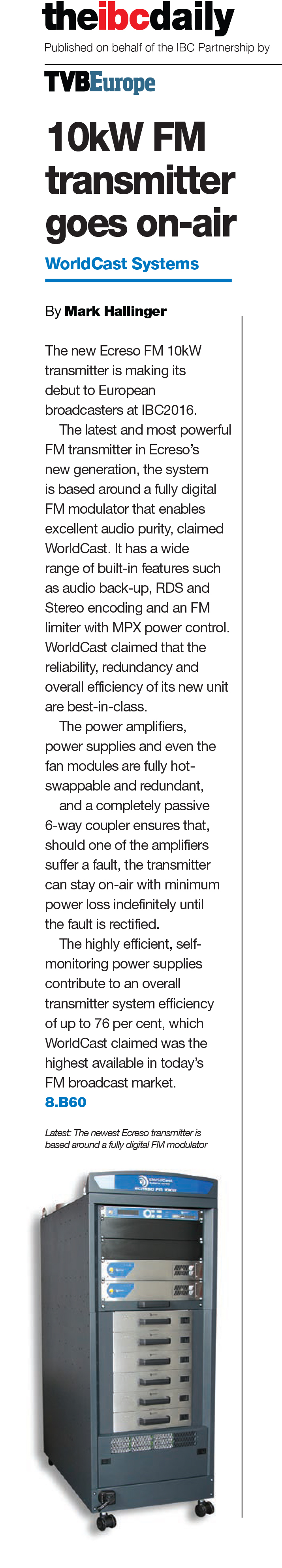 10kW FM transmitter goes on-air WorldCast Systems - IBC Daily news 11 09 2016